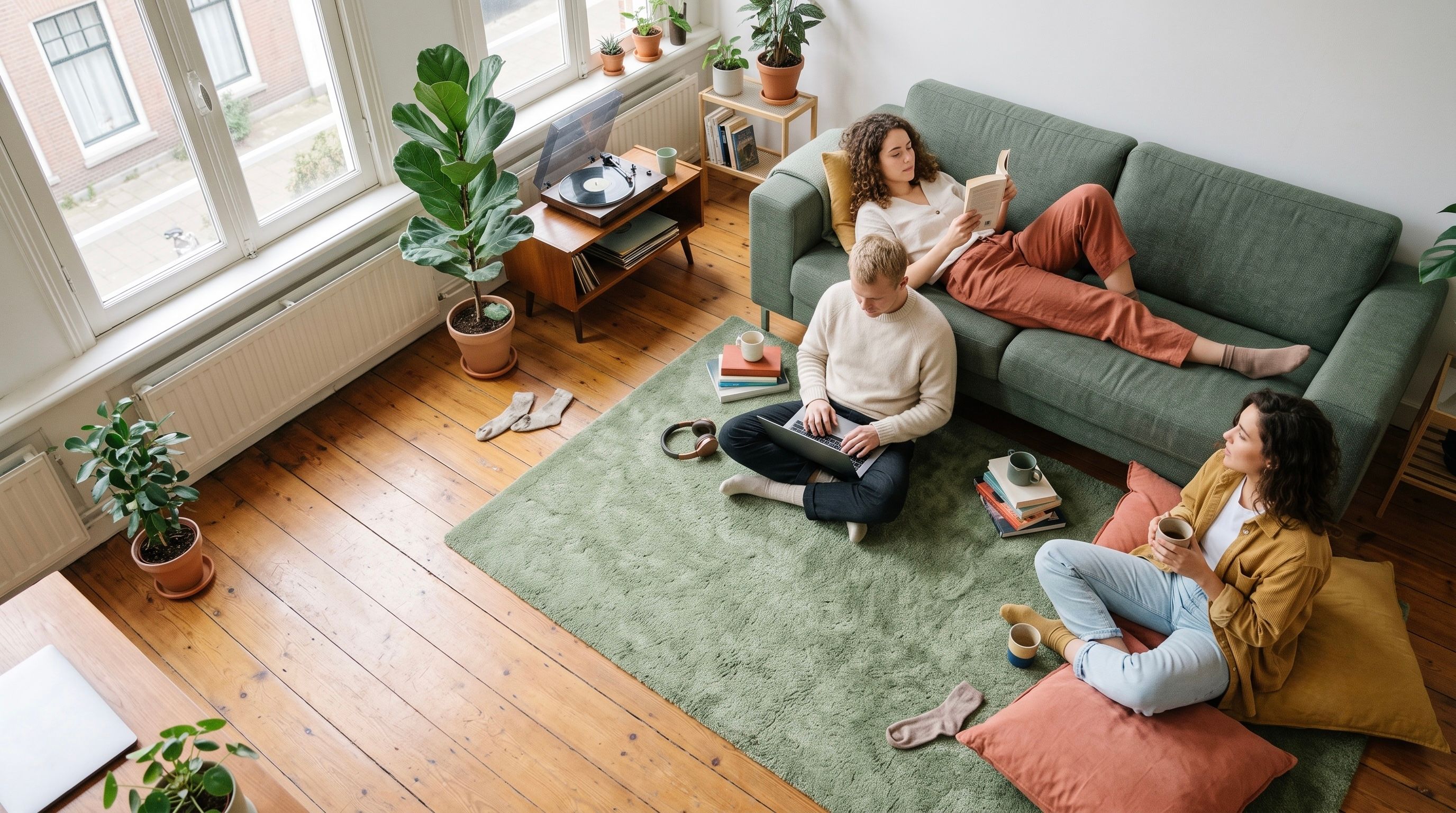 flatmates in a shared living room, morning light